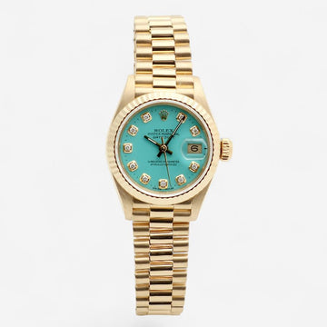 ROLEX デイトジャスト 26 ゴールド ターコイズ ブルー カスタム アフター ダイヤ 69178 レディースゴールドウォッチ 1990年製 保証書 150230564
