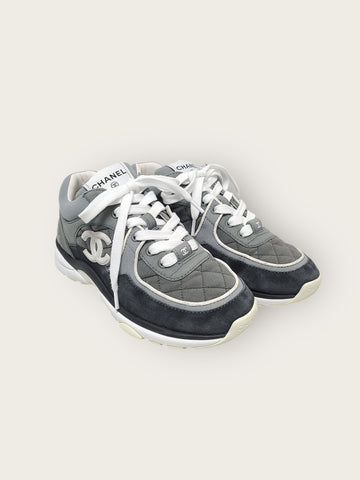 CHANEL Dark Grey Suede Calfskin Quilted CC Logo Sneakers 37 150278264
