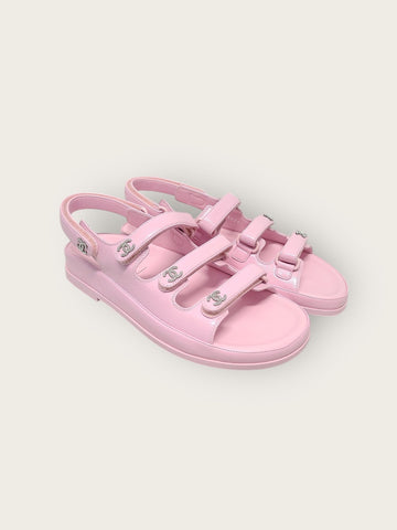 CHANEL Light Pink Lambskin CC Logo Triple Velcro Sandals 36.5 150278520