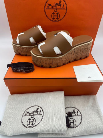 HERMES Ézé 30 Damen Keilsandalen Slipper Natur Gold Braun H221026ZA3 149702135