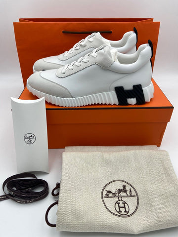 HERMES バウンシング メンズ スニーカー カーフスキン スウェード ゴートスキン ブラン ブラック H242810ZH90 149513019
