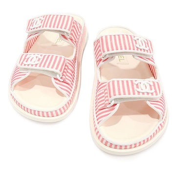 CHANEL G45718 White Pink Stripe Cotton CC Logo Velcro Mule Women Sandal 37 150637026