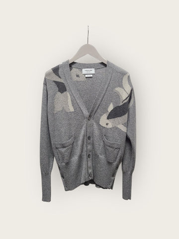 Thom Browne Charcoal Koi Taping Hidden Cashmere Cardigan 150641373