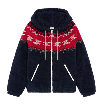 Celine Triomphe Fair Isle Fleece Hooded Jacket Navy Red RV0RF0G66 CAD0 150700082