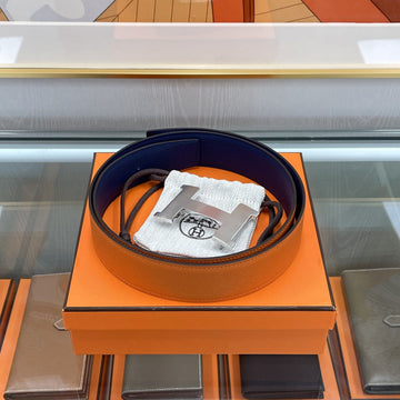 Hermes Reversible Men's Belt 90 Navy/Orange Silver 38mm H075406 150789252