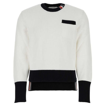 THOM BROWNE 24FW Drei-Streifen Streifen Pocket Strickpullover Weiß MKA456A Y3017 100 123042461
