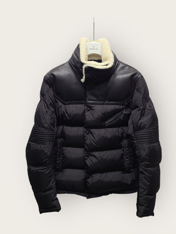 Moncler Black Leather Shearling LEO Biker Padded Jacket 150948082