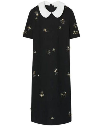 TORY BURCH Verzierte Popeline-Kragen-Strickkleid 165315 001 151102984
