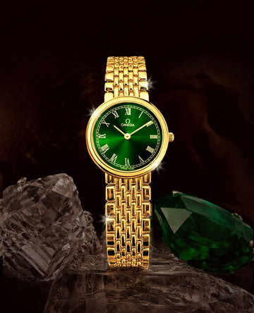 Omega Rare De Ville Round Green Gold Roman Dial Women's Mini Quartz Watch 151165127