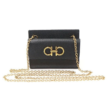 SALVATORE FERRAGAMO 22 0413 Schwarz Kalbsleder Goldton Gancini Kettentrager Kreditkartenetui 151208463