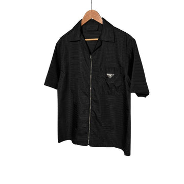 Prada Men's Nylon Triangle Logo Multi-Logo Zip-Up Short Sleeve Shirt Jacket Black 151262445