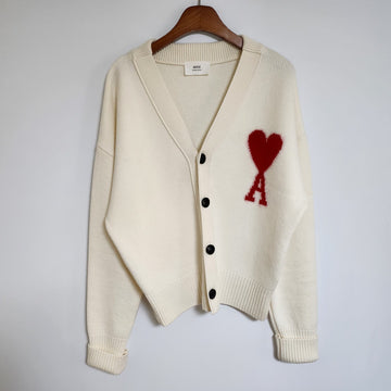 AMI Weißer Big Heart Intarsien-Wollcardigan 018 151537402