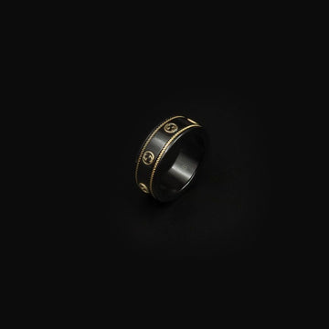 GUCCI 18KイエローゴールドブラックコランダムバンドインターロッキングGアイコンリング6号/606826 151676253