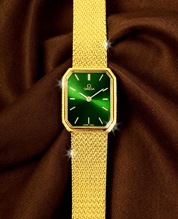 Omega Rare De Ville Octagon Green Dial Women's Mini Gold Band Watch 152110717