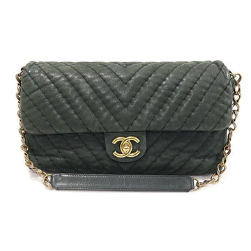 CHANEL Dark Green Chevron Iridescent Leather Surpique CC Flap Shoulder Bag (A50676) 152229753