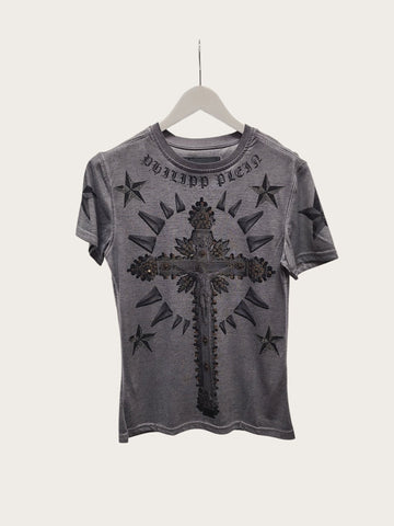 Philipp Plein Charcoal Cross Beads Printing Short Sleeve T-Shirt 152242082