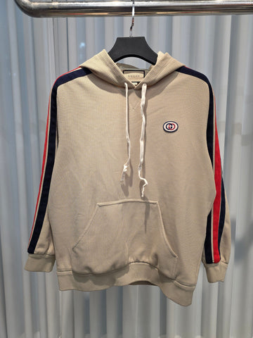 Gucci (L) Jersey Three-Stripes Hooded Sweatshirt Beige 152428621