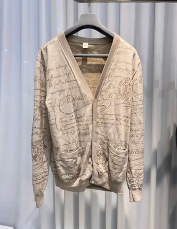 Berluti V-neck Embroidered Wool Cardigan with All-over Scrito Pattern 152430562