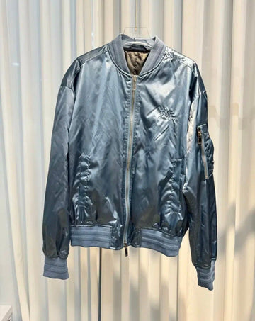 Dior Metallic Blue Bomber Saddle Jacket with Embroidery Detail 44 152445864