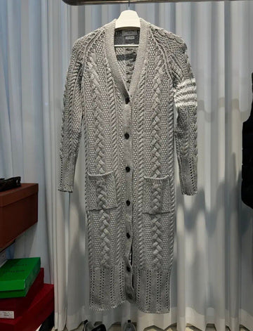 Thom Browne (New) 40 W Diagonal Aran Cable Long Cardigan 152446113
