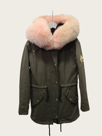 Moose Knuckles Khaki Pink Fox Fur Gold Patch Stella Military Padded Jumper 152544036