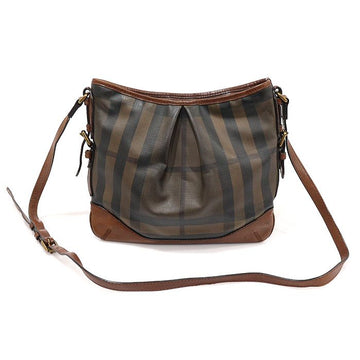 BURBERRY スモークチェックキャンバスブラウンレザーハータムクロスバッグ 152544347