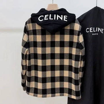 Celine Check Wool Hooded Overshirt Jacket Beige 50 149472477
