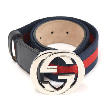 GUCCI ネイビー レザー WEB インターロッキング G バックル レディースベルト 75 152923882