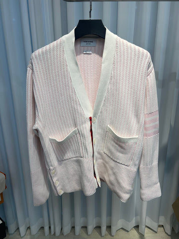 Thom Browne Seersucker Jacquard Women's Cotton Wool Cardigan Pink White 152926222
