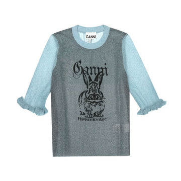 GANNI Bunny Logo Sheer Jacquard Top Damen Kurzarmshirt K2501 326 144592019