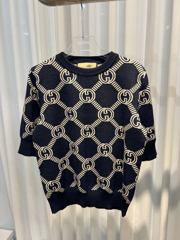 GUCCI (XS) リバーサブル GG ウール ジャカード ディープブルー アイボリー 半袖ニット レディース 153016677