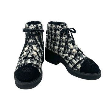 CHANEL Tweed Pearl Lace-Up Ankle Boots G33823 153016680