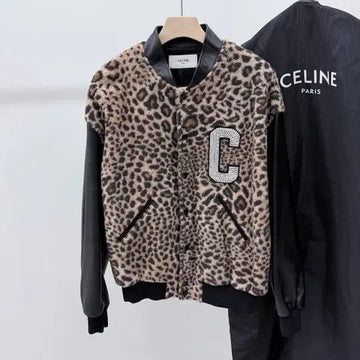 Celine Leopard Lamb Leather Teddy Varsity Jacket Black 153062302
