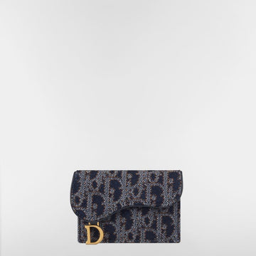 Dior Saddle Bloom Card Holder Blue & Tobacco Brown Contrast Stitching Oblique Denim 153350286