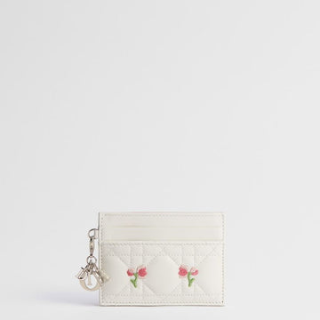 DIOR Lady Frisia Kartenetui aus Weißem Kaninchenleder, Mehrfarbiges Tauben- und Rosenstickerei 153350311