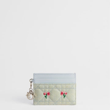 DIOR Lady Frigia Kartenetui Blau Cannage Denim, Mehrfarbig Taube & Rosenmotiv Stickerei 153350314