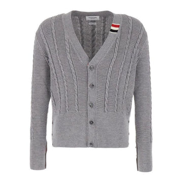 THOM BROWNE Cable-Stitch V-Neck Wollcardigan Hellgrau MKC513A Y1024 055 75833055