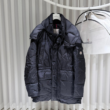 Moncler Logo Patch Hooded Long Down Jacket Navy A+/7 153447855