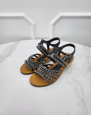 CHANEL CC Logo Chain Strap Wedge Heels 35 G35868 153576876