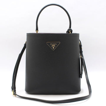 PRADA ブラック サフィアーノ ダブル パニエ ミディアム バケット ショルダーバッグ 1BA212 153617333