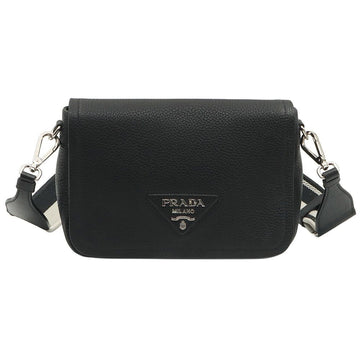 Prada Black Vitello Daino Triangle Lettering Logo Flap Shoulder Bag (With Chip) 1BD314 153747594