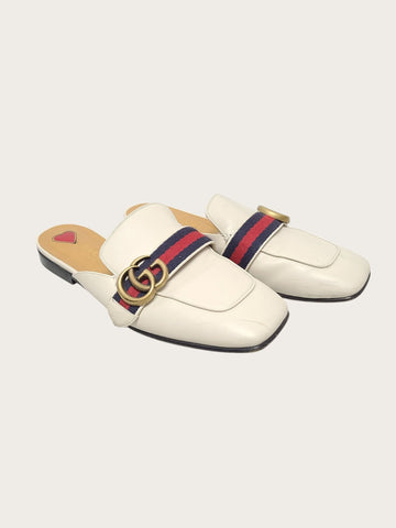 GUCCI Weiße Leder-Web GG Marmont Slipper 153748278