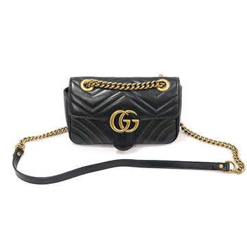 GUCCI ブラック・マトラッセ・シェブロン・レザー・GGマーモント・ミニ・チェーンショルダーバッグ 153748292