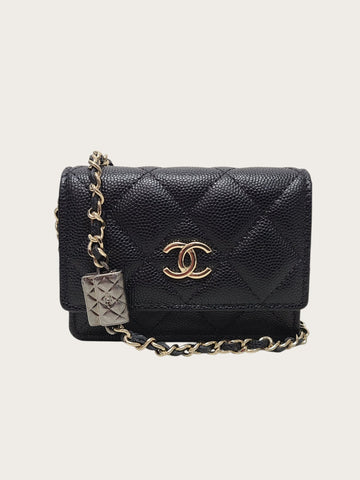 CHANEL Black Caviar Accordion Flap Card Holder Chain Bag 153793822