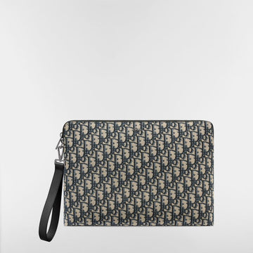 DIOR A4 ジッパーポーチ - ベージュ & ブラック Oblique ジャカード 153974387