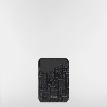 Dior Saddle Magnetic Card Holder - Black Grained Calfskin & Silver Tone Metallic Oblique Jacquard Marquetry 153974404