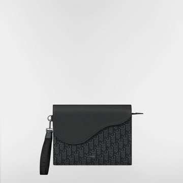 Dior Saddle A5 Triangle Pouch - Silver Tone Metallic Oblique Jacquard & Black Grained Calfskin 153974442