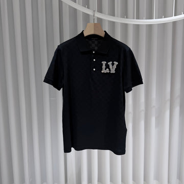 LOUIS VUITTON (S+/M) / コットンピケポロ刺繍LVパッチカラー半袖ブラック 153975557