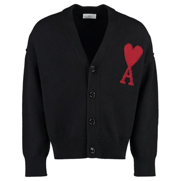 AMI ハートロゴVネックウールカーディガンブラック 25SS BFUKC006 018 009 129750709