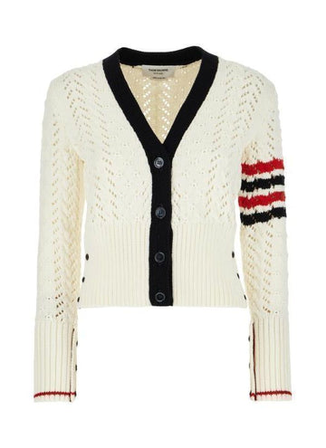 Thom Browne Cable Pointel Stitch Merino Wool 4-Bar Cardigan 152201264